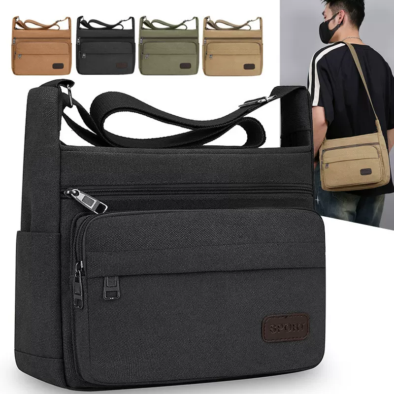 男士斜挎包帆布耐磨单肩包休闲户外大容量商务通勤多隔层邮差包
