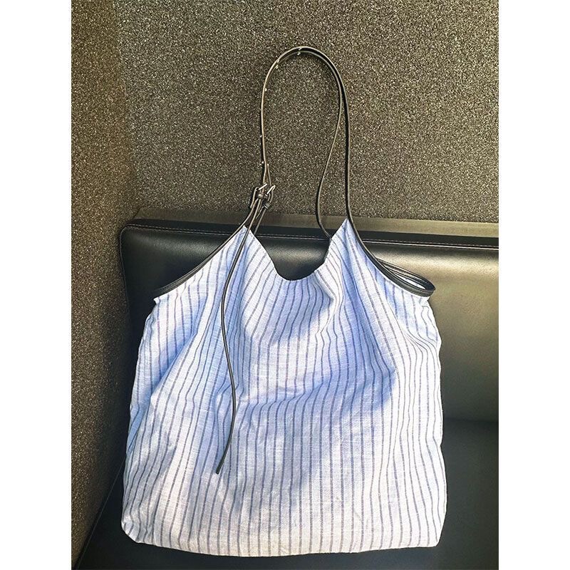 Large-Capacity Blue Striped Handbag Shopping Bag 2026 New Style Simple Lightweight Shoulder Bag Commuter Tote Bag