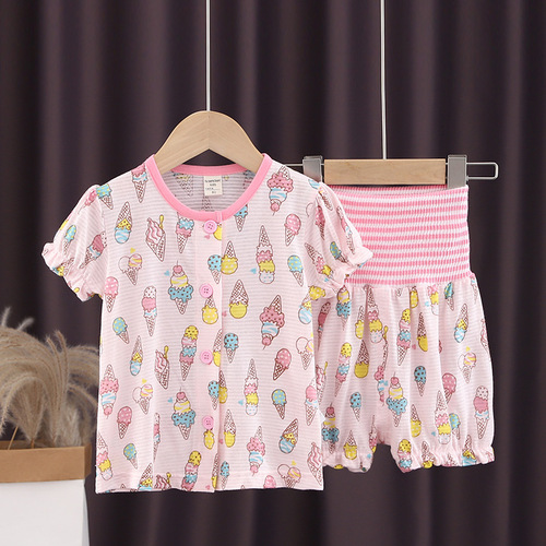 Distribution of bamboo breathable sweat-absorbent boys and girls short-sleeved high-waisted belly-protecting shorts pajamas home outing set