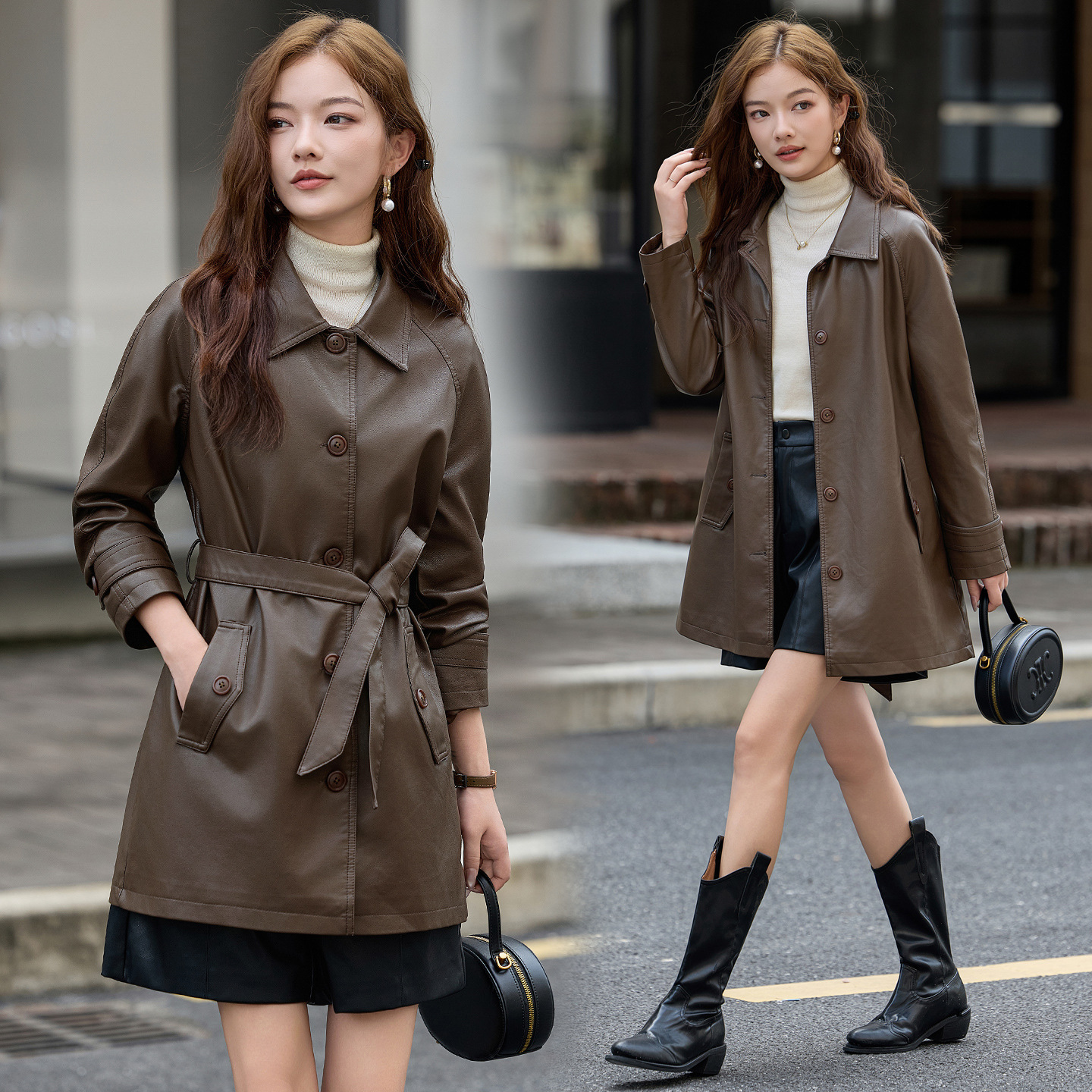 Brand Goatskin Leather Jacket Women's Mid-Length 2025 New Fashion Casual Elegant Waist Lace-Up Motorcycle Jacket