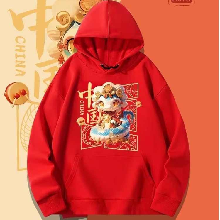 2025년 조디악 후드 플러시 스웨트셔츠 남녀용 새해 인사 새해 전투 셔츠 내셔널 트렌드 귀여운 뱀 패턴 프린트 상의