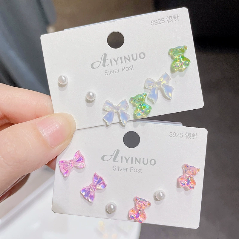 Cartoon brand cute silver needle, earrings, set, gradient
