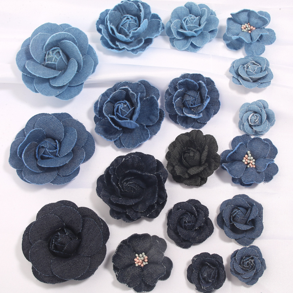 Yiwu Artificial Flowers Denim Fabric Flowers Handmade DIY Jewelry Accessories Clothing Accessories Factory Direct Sales Artificial Flowers