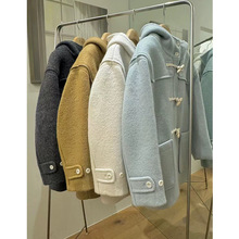 韩国东大门TA洋气减龄木质牛角扣连帽中长款羊毛毛呢大衣