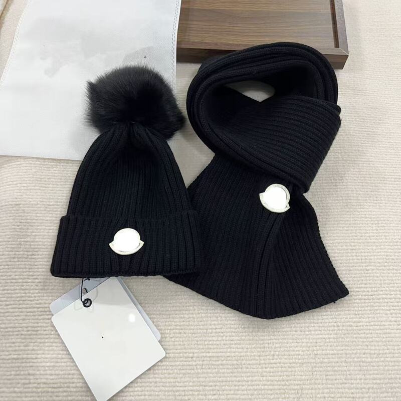 M Children's Fox Fur Ball Hat Scarf Set Winter Warm Knitted Two-Piece Solid Color Scarf Girls Boys