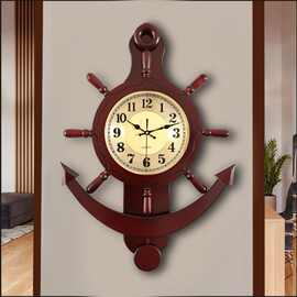 船舵挂钟客厅家用时尚钟创意中式钟表实木中国风挂墙挂表跨境