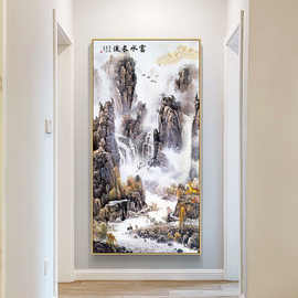 新中式镇宅竖版玄关装饰画入户走廊过道客厅晶瓷画办公室山水画
