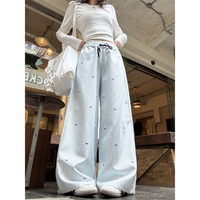 韩系蓝色条纹阔腿裤女夏季2025新款高腰直筒休闲裤设计感小众长裤|undefined