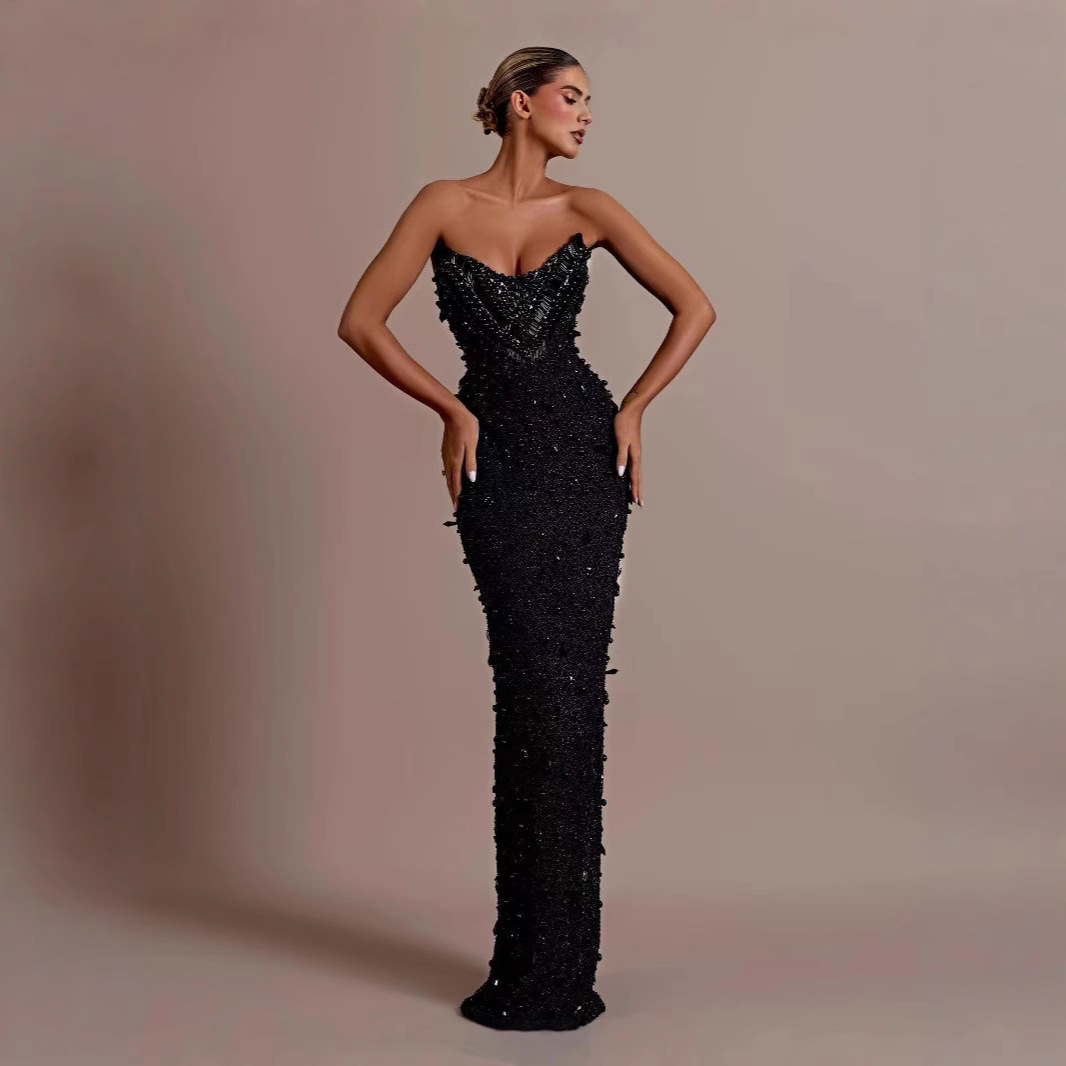 2025 European and American Foreign Trade Independent Station New Strapless Black Sequin Heavy Industry Beaded Ball Party Sexy Evening Dress