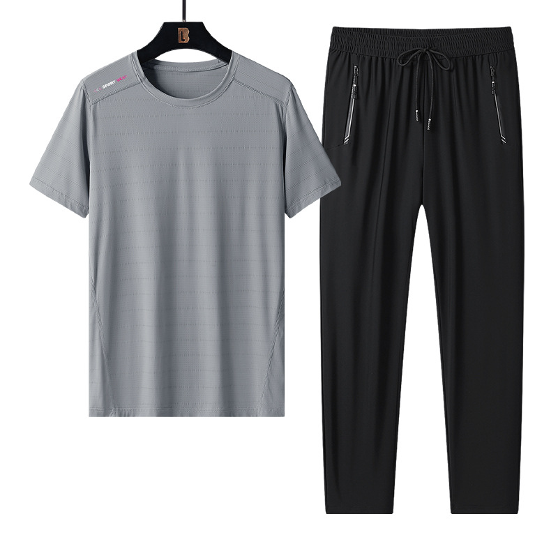 Trajes deportivos transfronterizos para hombres nuevos hielo de tamaño grande de verano delgado ropa deportiva de secado rápido para papá con pantalones superiores