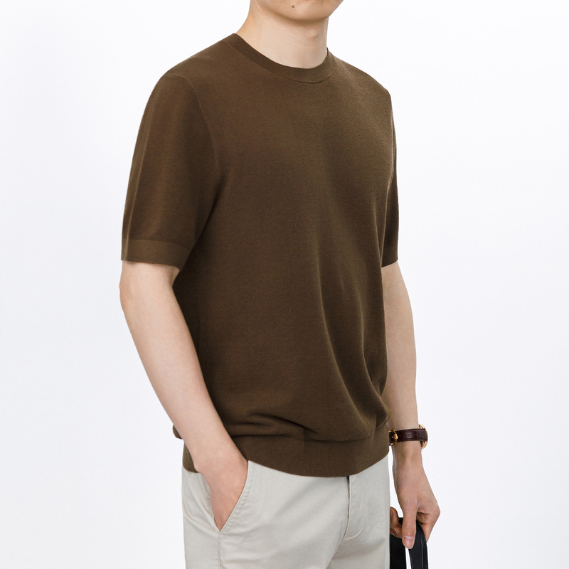 125 Pieces [Cotton + Mulberry Silk] Summer Linen Old Money Style Knitted Sweater, Sophisticated Fashion Round Neck Short Sleeve T-Shirt for Men