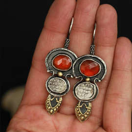 亚马逊外贸跨境新款民族风玛瑙红水滴浮雕耳环复古气质女式耳饰