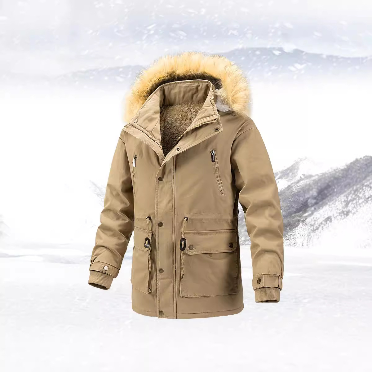 Transfronterizo AliExpress hombre cuello de lana desmontable algodón grueso calentamiento chaqueta de algodón largo y medio para hombre