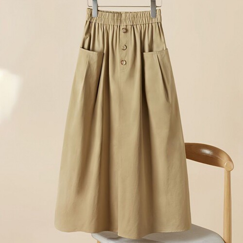 Women's 2024 Summer Loose Hem Skirt with Elastic Waist, Workwear Style, Large Pockets, Korean Version