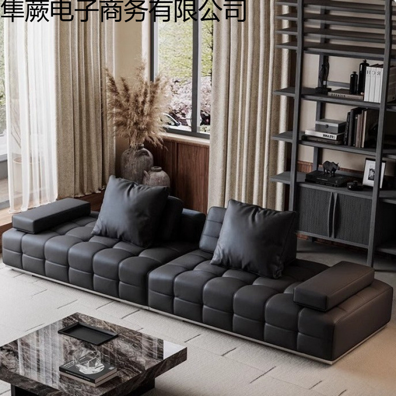 Lawrence Sofa Straight Row Genuine Leather Italian Designer Large Flat Large Apartment Sofa Black Semi-Green Leather Sofa