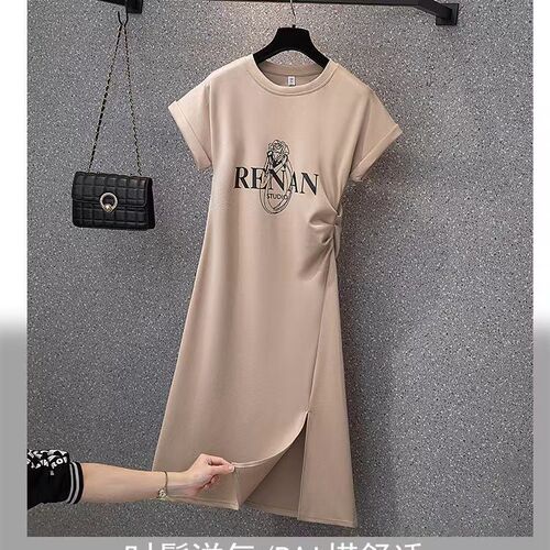 Women's Summer Plus-Size Design-Driven Casual Mid-Length Slit Dress with Short Sleeves for a Slimming, Figure-Hugging Fit