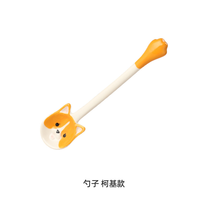 Cerámica Shiba Inu Corgi pintada a mano pequeña cuchara niños alimentación del bebé lindo suplemento alimenticio de dibujos animados cuchara de sopa cuchara hogar