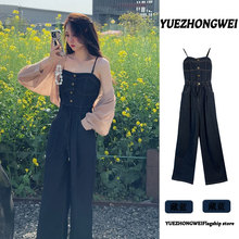 小个子抹胸水洗牛仔吊带连体裤女夏季2024新款高腰显瘦阔腿长裤子