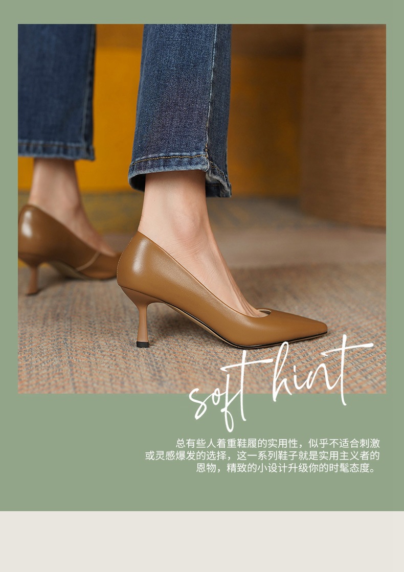 Giày cao gót nữ mũi nhọn da bò thật miệng nông, gót nhọn 6 cm, phong cách công sở — Màu đen chi tiết 2
