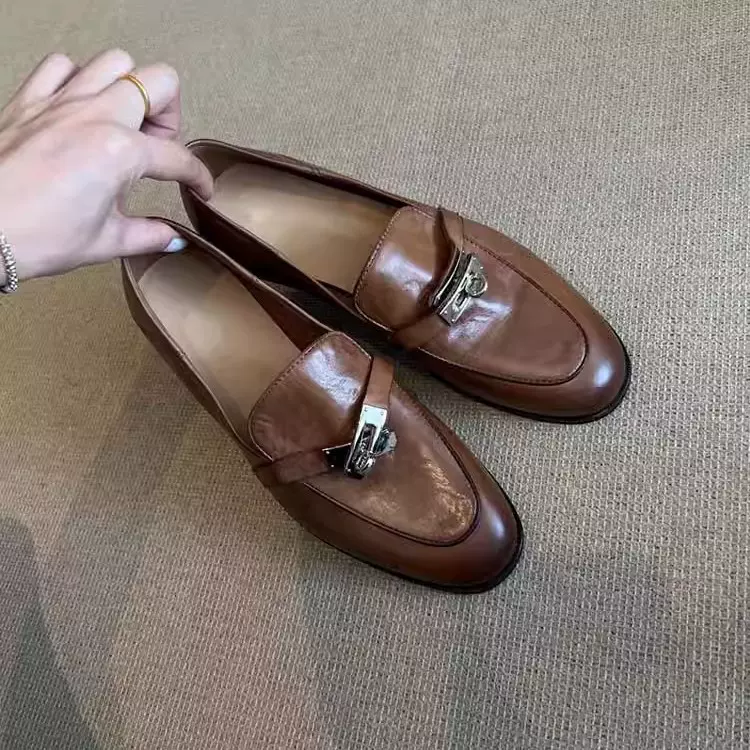 现货秒发！复古英伦风圆头马衔扣乐福鞋锁扣擦色小皮鞋一脚蹬单鞋