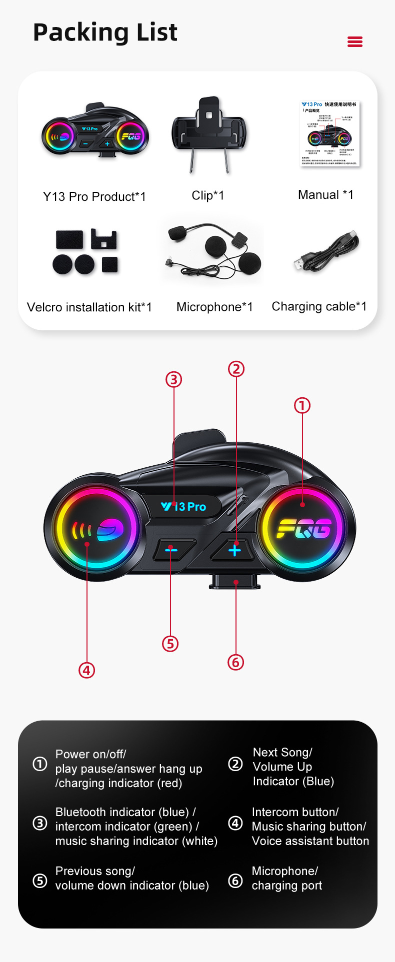 Cross-Border New Y13Pro Double Intercom Motorcycle Helmet Headset Dual-Core Bluetooth 6.0 Music Sharing Radio