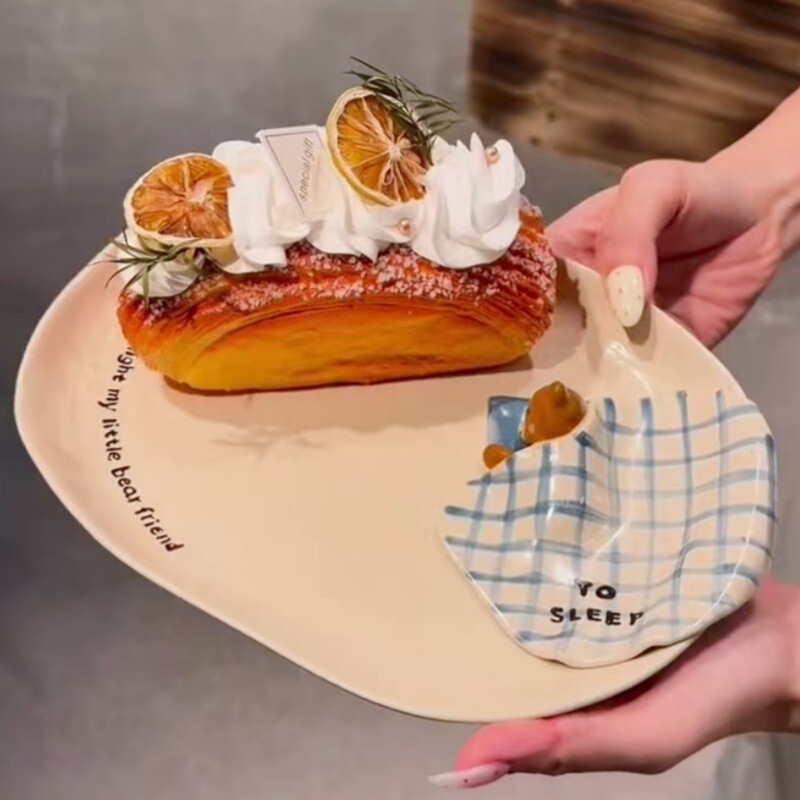 Creamy Style High-Value Underglaze Ceramic Plate Set for Home Use, Dessert Cake Plate, Gift for Girls