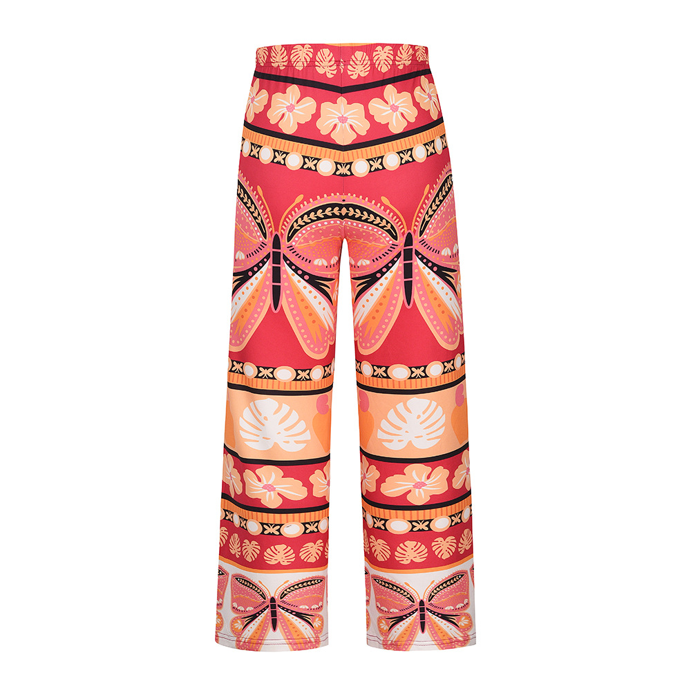 summer high waist wide leg print straight beach trousers NSHYG118518