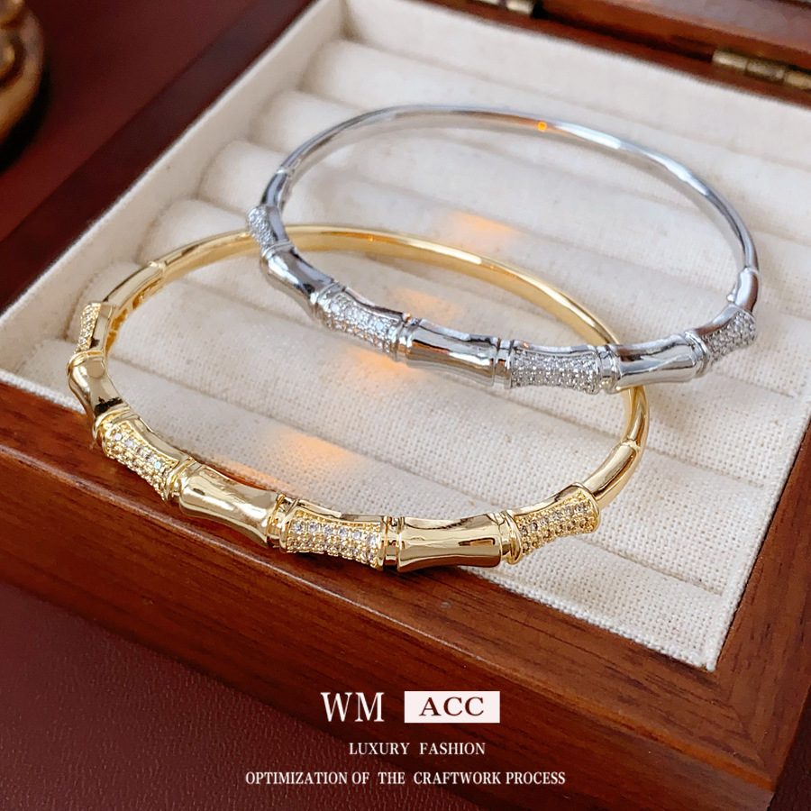 Pulsera con hebilla de bambú de circón galvanizado en oro real, nueva pulsera exquisita de todo fósforo de estilo chino, joyería de moda de alta gama de lujo ligero