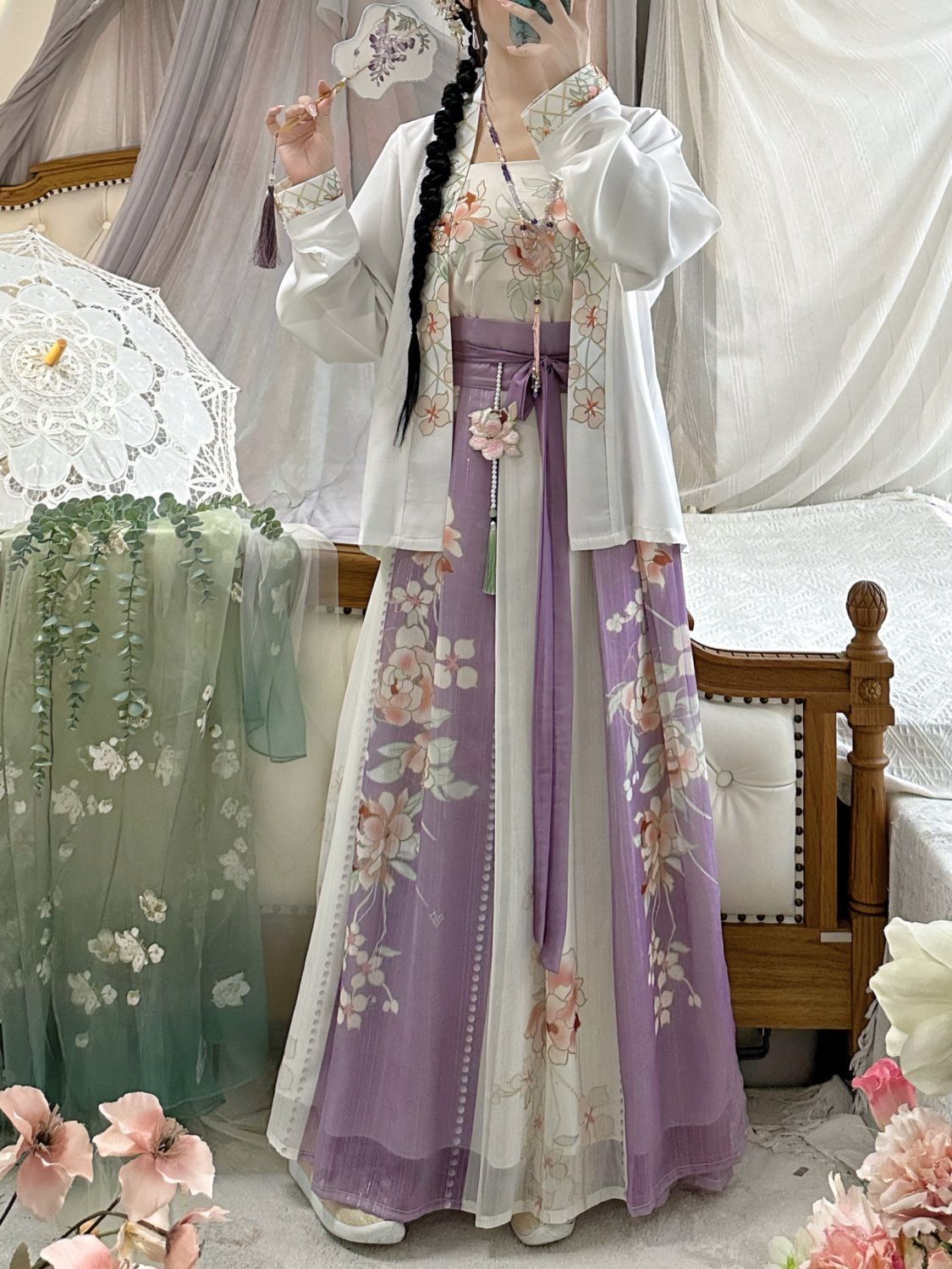 Chun Cha Ji Original New [Xia Yuhe] Song-made Hanfu Women's Four-piece Aircraft Sleeve Waist Pleated Skirt Spring and Summer