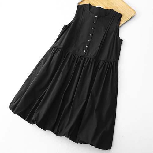 Blue sleeveless dress for women, summer Japanese-style casual loose thin mid-length lantern dress