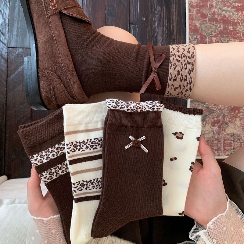 Brown women's socks with retro leopard print, mid-calf length, new autumn style, Japanese-style sweet bowknot stacked socks, seamless Brown women's socks with retro leopard print, mid-calf length, new autumn style, Japanese-style sweet bowknot stacked socks, seamless