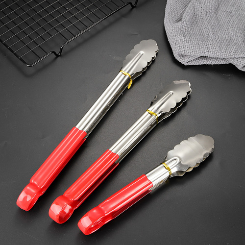 Stainless steel three-line fine card food clip thickened 9-inch 12-inch food clip bread clip red plastic red handle plum blossom clip