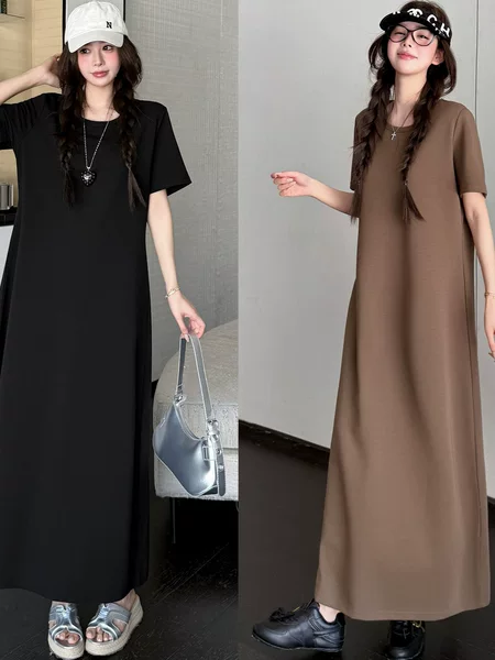 Summer New Minimalist Style T-Shirt Long Dress for Women, Korean Style Loose Fit, Slimming, Casual Round Neck Short-Sleeve Dress