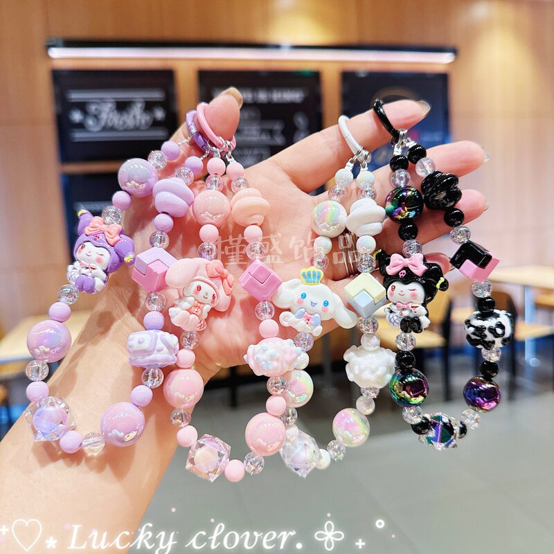 New Cartoon Sanrio Kuromi Beaded Mobile Phone Chain Creative Rubik's Cube Keychain Hand-Painted Beaded Bag Pendant