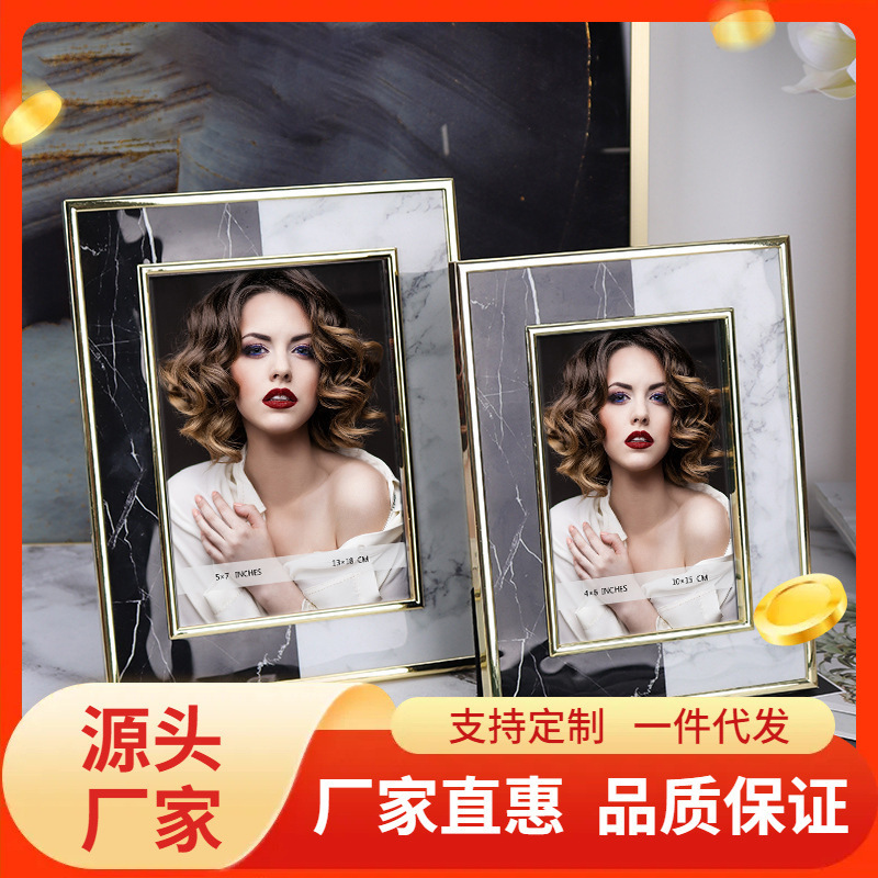 Modern Simple Black and White Marble Photo Frame Table Metal Frame 6-inch 7-inch Hotel High-end Household Bedroom Decoration