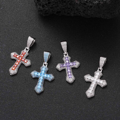 Blue Zirconium Cross Necklace Hip-Hop Fashion Heavy Work Diamond-Embedded Simple Clavicle Chain Unisex Pendant