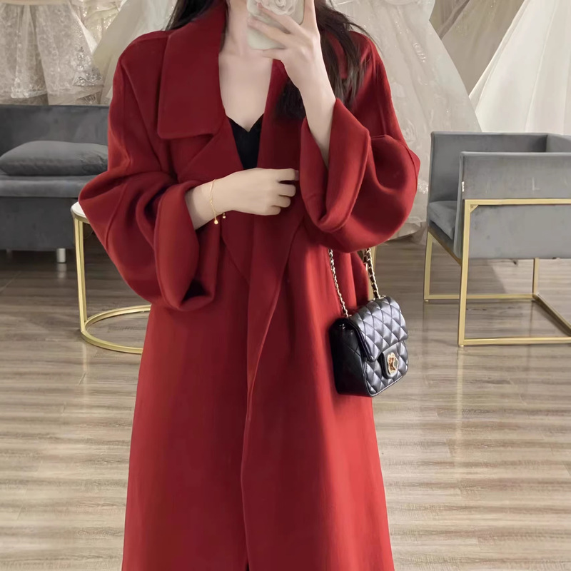 Sicilian red double-sided wool coat for women 2023 autumn and winter retro mid-length loose Korean style woolen coat
