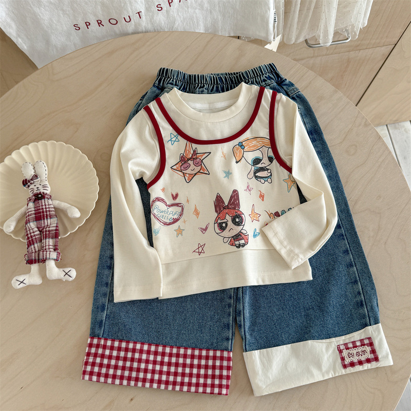 クリーム子供服 25 秋の新スタイル女の子韓国語版漫画落書き偽ツーピース Tシャツチェック柄ストレートジーンズ|undefined