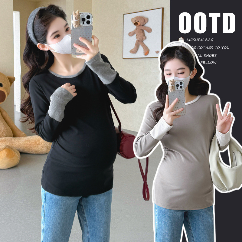 2025 Autumn/Winter Maternity Wear Fleece-Lined Base Layer Round Neck Color-Blocking High-Elastic Extended Belly-Protecting Top