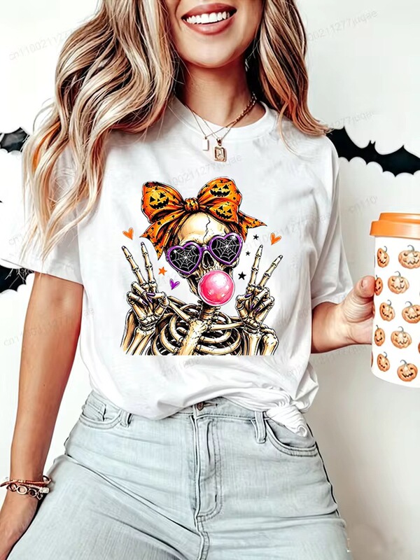 Cute skull Halloween t-shirt, short-sleeved t-shirt, skull ghost seasonal shirt, clothing for family and friends, factory wholesale