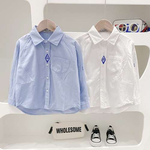 Boys' long-sleeved shirt 2024 spring baby Korean style solid color top embroidered small label medium and large children's spring clothing boys' shirt