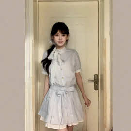 韩系学院风条纹短袖衬衫连衣裙子女夏季2025新款收腰小个子短裙女