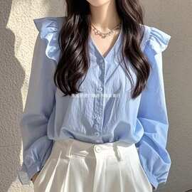 今年流行的漂亮小衫轻奢高级感法式小众绝美蓝色长袖衬衫女新款