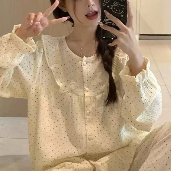 甜美碎花纯棉圆领长袖睡衣套装秋季女款2025新款少女家居服春秋天|undefined