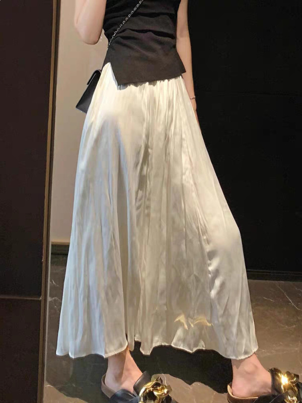 Off-White Acetate Pleated Skirt for Women, New Summer Design, Elegant and Silky, High-Waisted, Slimming A-Line Long Skirt