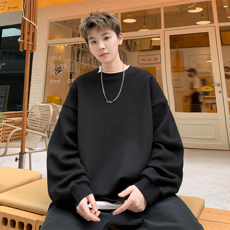 Two-Piece Spliced Blue Pullover Sweats Men, Autumn Plus Size, Loose Fit For Big And Tall, Youth Long Sleeve_voghion.com