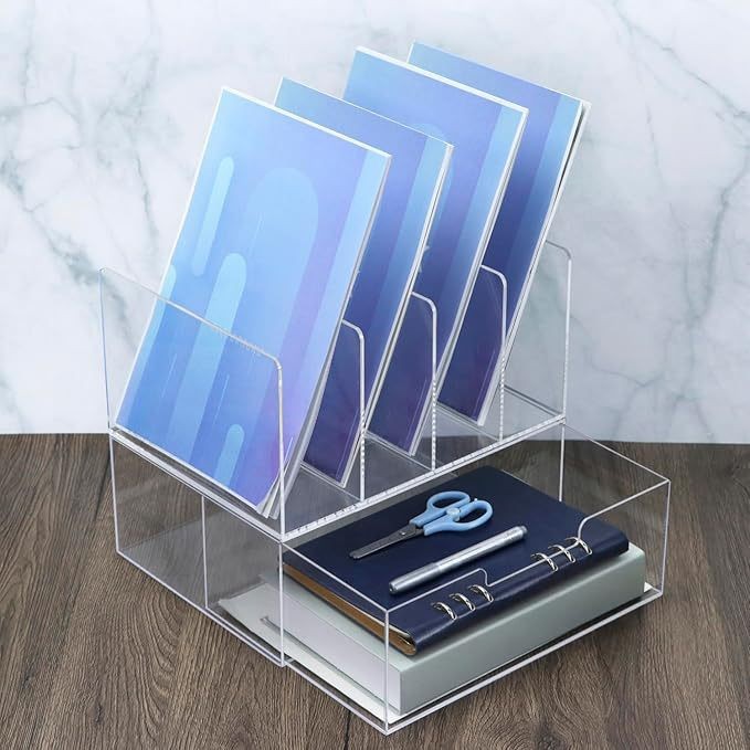 亚克力办公桌收纳盒带抽屉 透明现代带4格垂直挡板和信纸大小抽屉