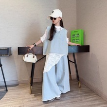 女童套装2025新款秋装不规则蕾丝牛仔马甲阔腿裤秋款洋气三件套