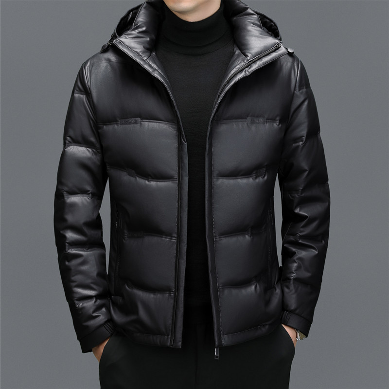 Down Jacket Haining Genuine Leather Jacket Middle-Aged Men's Loose Casual Leather Jacket Hooded Thick down Jacket Warm Jacket