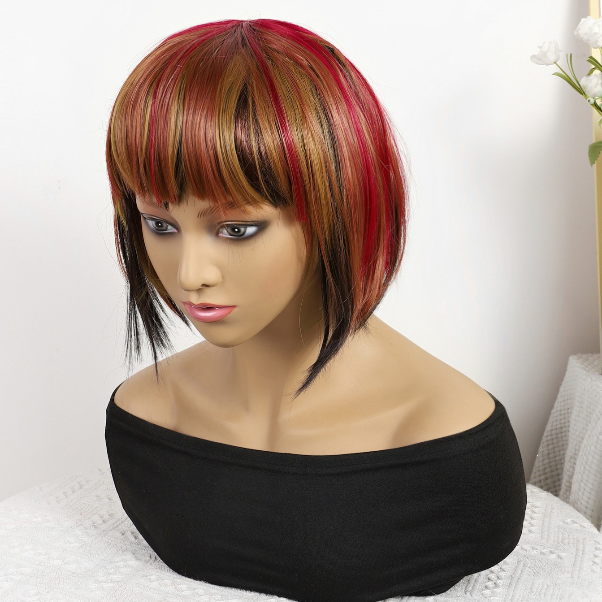 Transfronterizo nuevo marrón-rojo mezcla gradiente largo recto 12 pulgadas sin encaje pelucas europeas y brasileñas